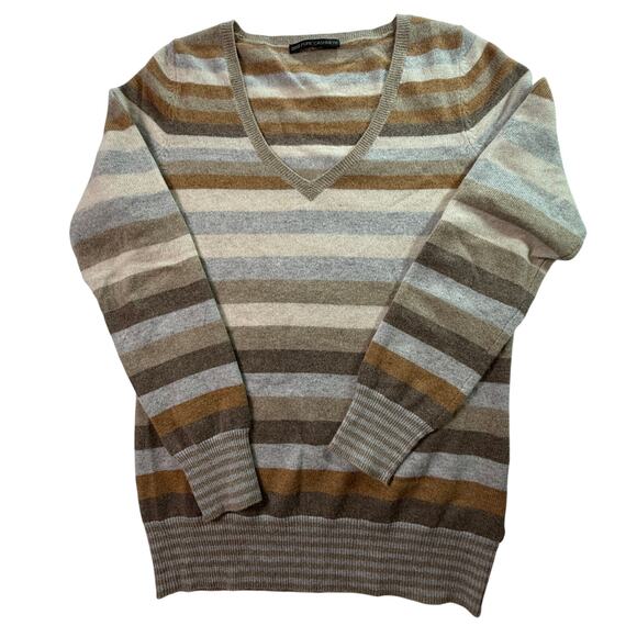 Marks & Spencer Pure Cashmere Striped V-Neck Sweater UK 12 (M/L) Camel Mix - Picture 2 of 14
